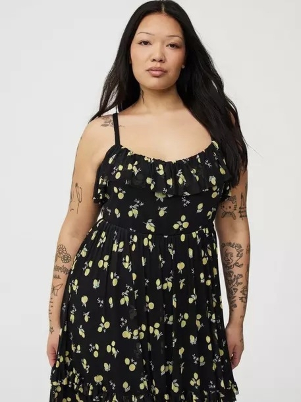 🍋Nwot Torrid 0x Mesh V-Neck Tiered Maxi Dress~Lotta lemons black - Women's🍋 - Picture 2 of 10